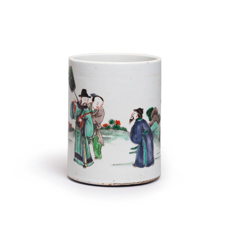 清康熙 五彩指日高升圖筆筒 | A FAMILLE VERTE 'POINTING TO THE SUN' BRUSHPOT, BITONG