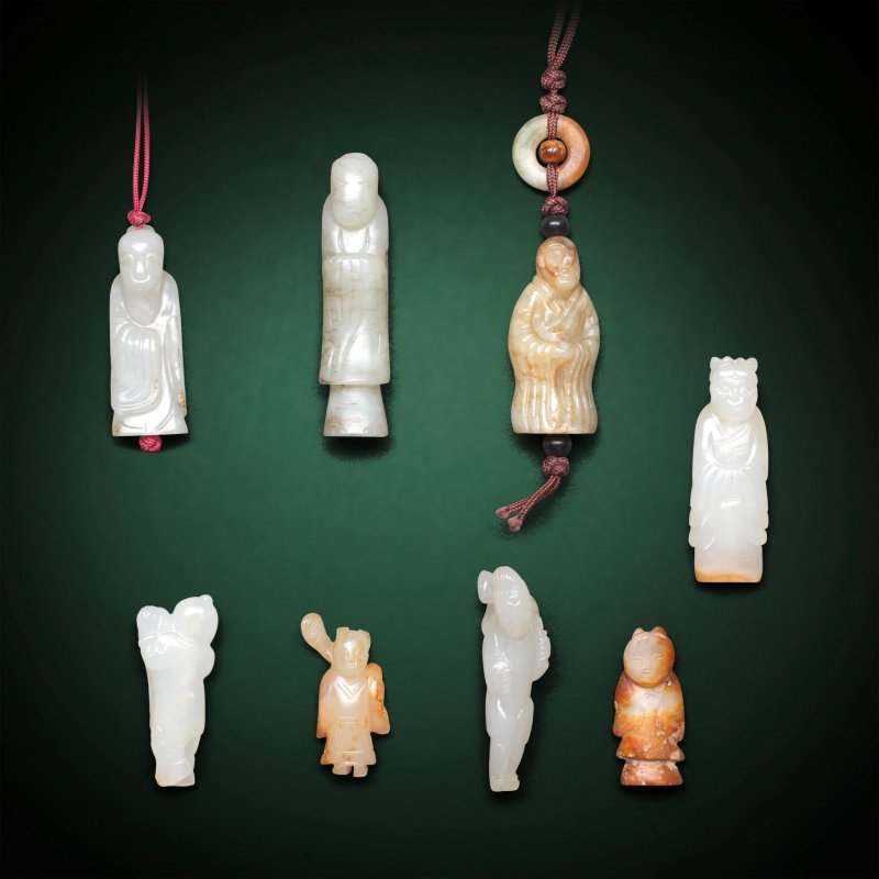 或明及更晚 玉雕人物一組八件 | A GROUP OF EIGHT JADE FIGURAL PENDANTS