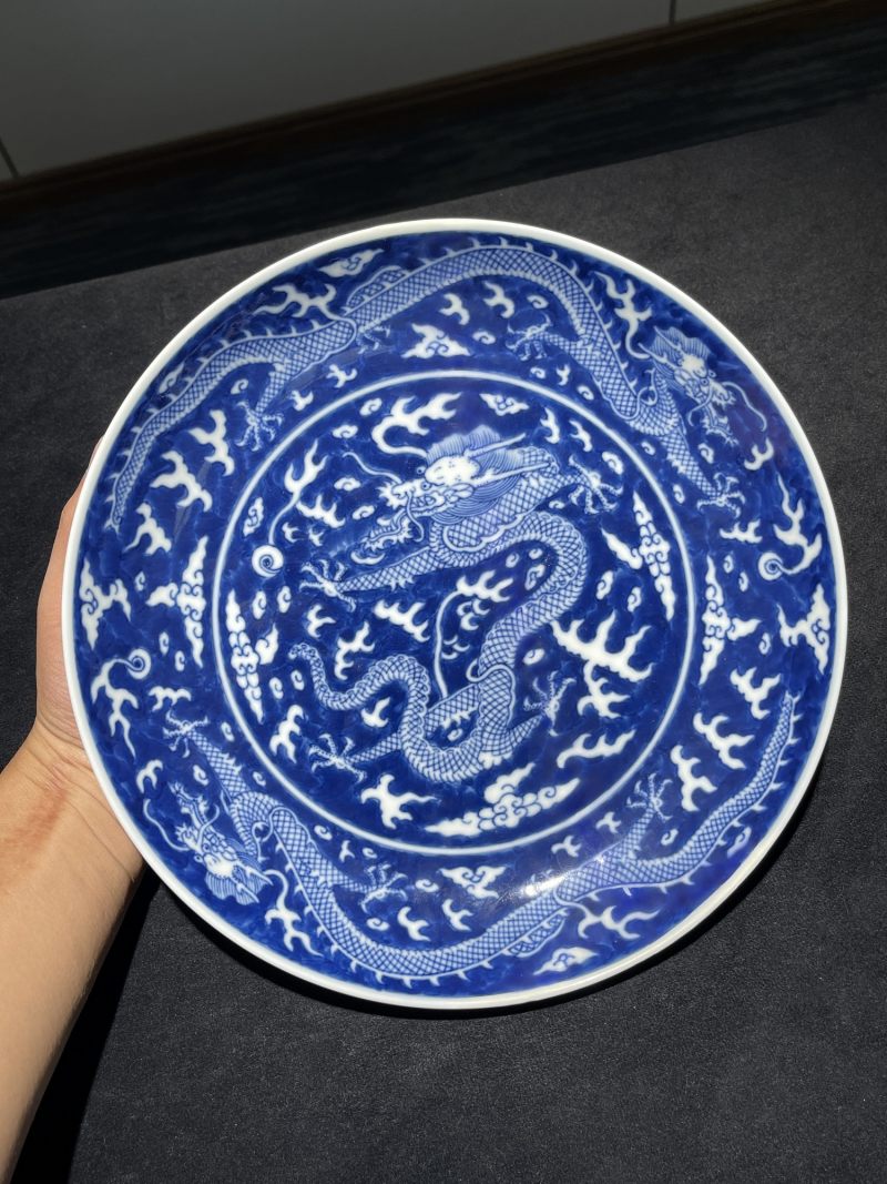 清光绪 青花留白云龙纹盘 - 图2