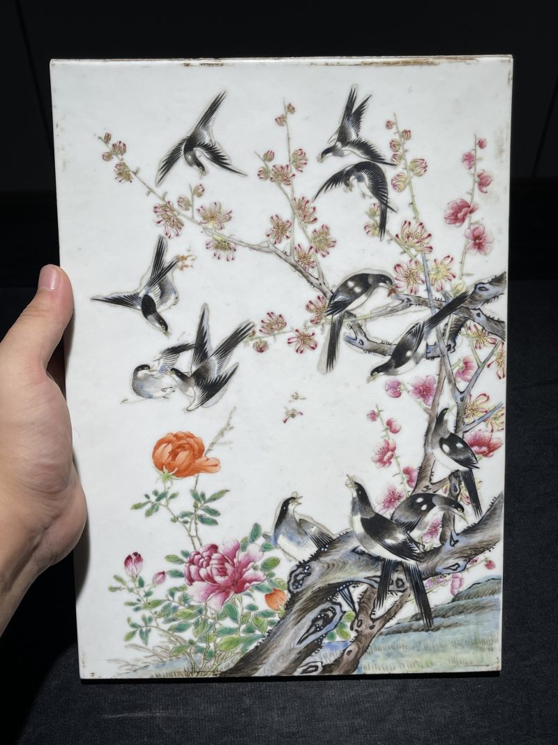 清晚期 粉彩喜鹊登梅纹瓷板 - 图2