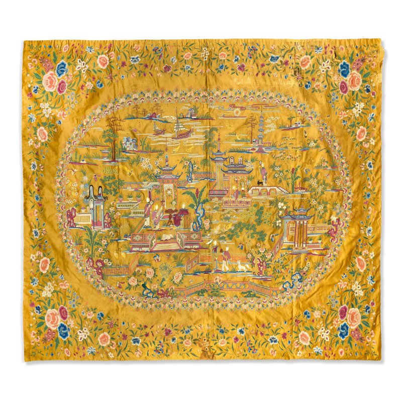 清乾隆/嘉慶 黃地人物花卉紋綉屏 | A LARGE YELLOW-GROUND EMBROIDERED SILK PANEL
