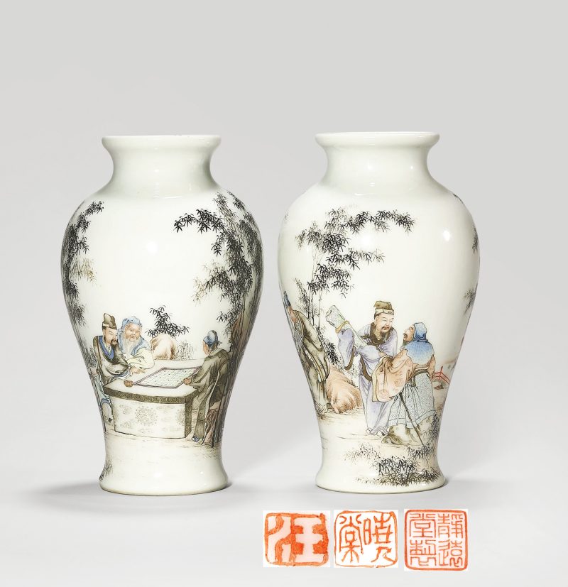 民国 汪晓棠粉彩竹林七贤纹梅瓶一对 - 图1