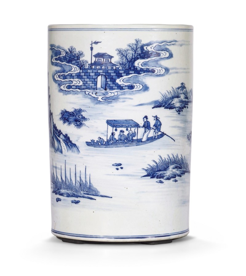 清雍正 青花夜游赤壁纹大画筒 - 图1