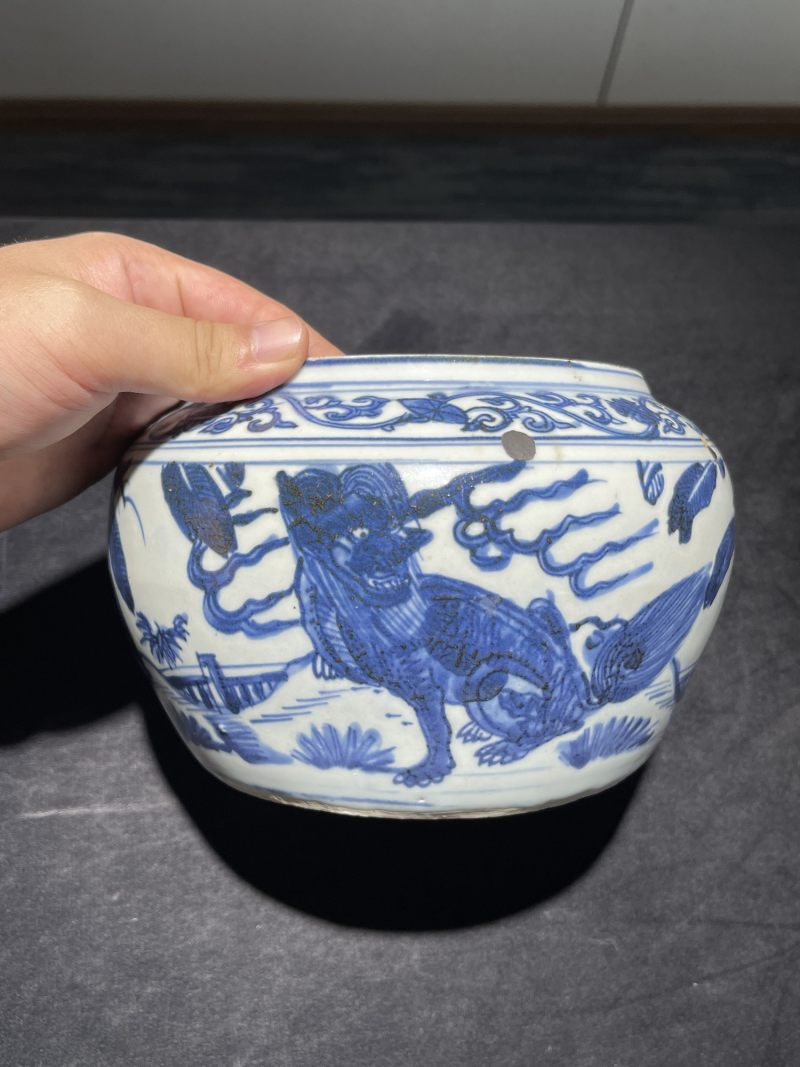 明晚期 青花麒麟纹粥罐 - 图2