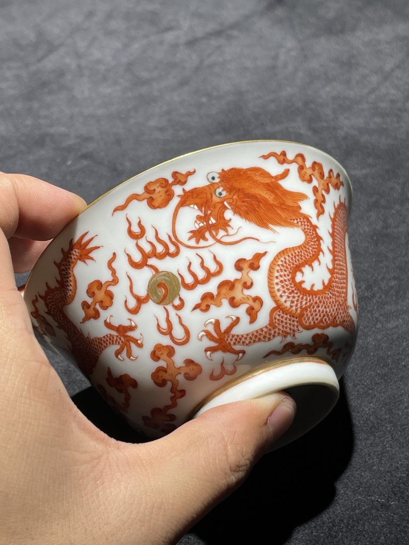 清道光 矾红龙纹茶园一对 - 图3