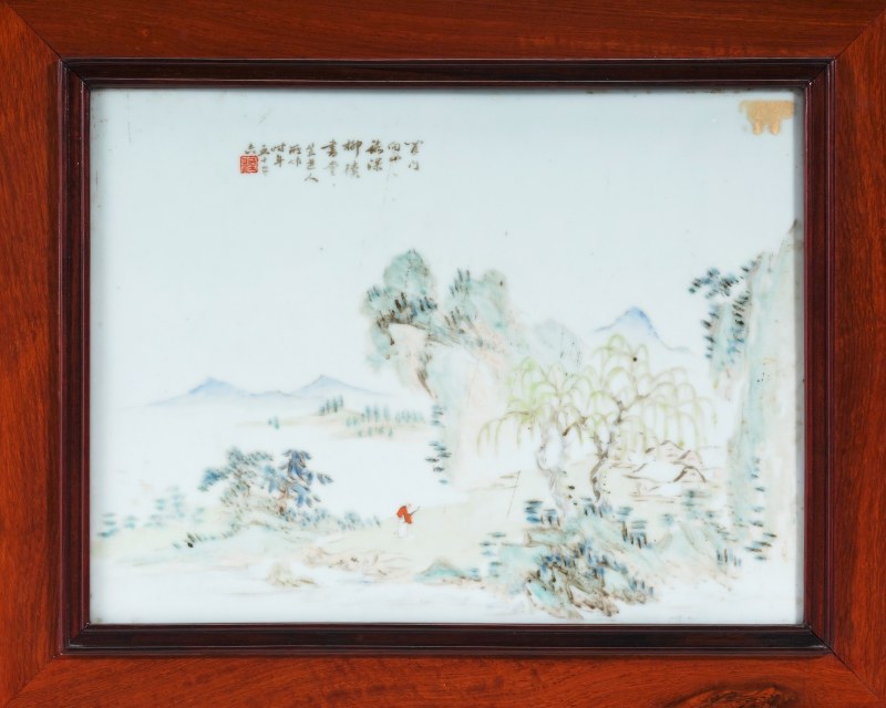 晚清 程门浅绛柳荫问道图瓷板 - 图2