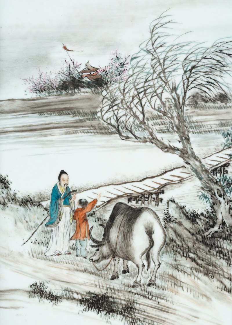 民国 方秀之粉彩牧童遥指杏花春瓷板 - 图2