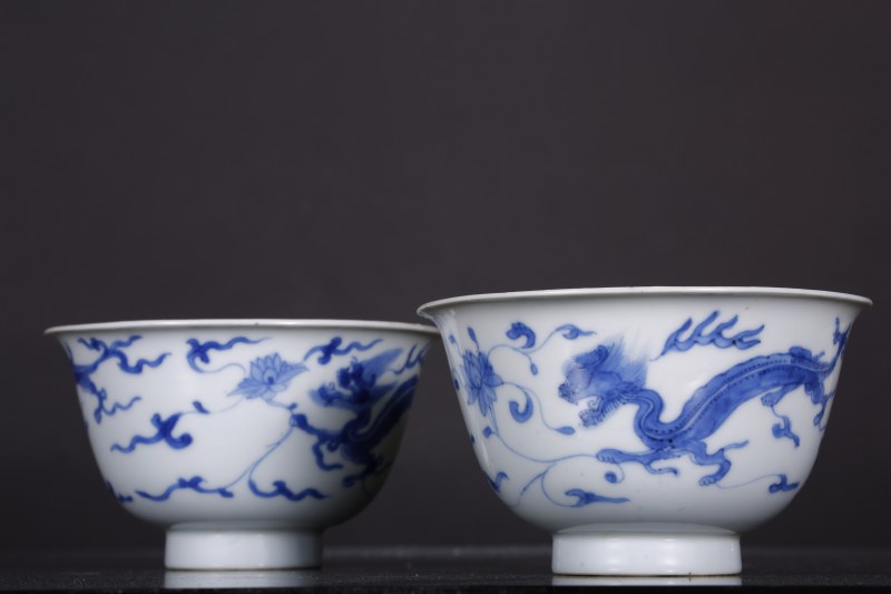 清康熙 青花龙纹小碗一对 - 图1