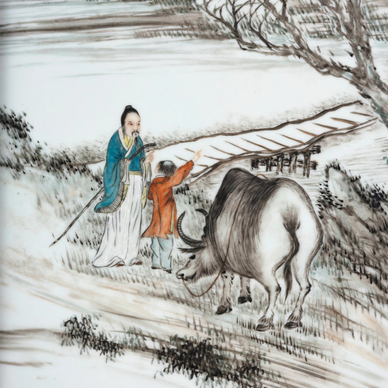 民国 方秀之粉彩牧童遥指杏花春瓷板 - 图3