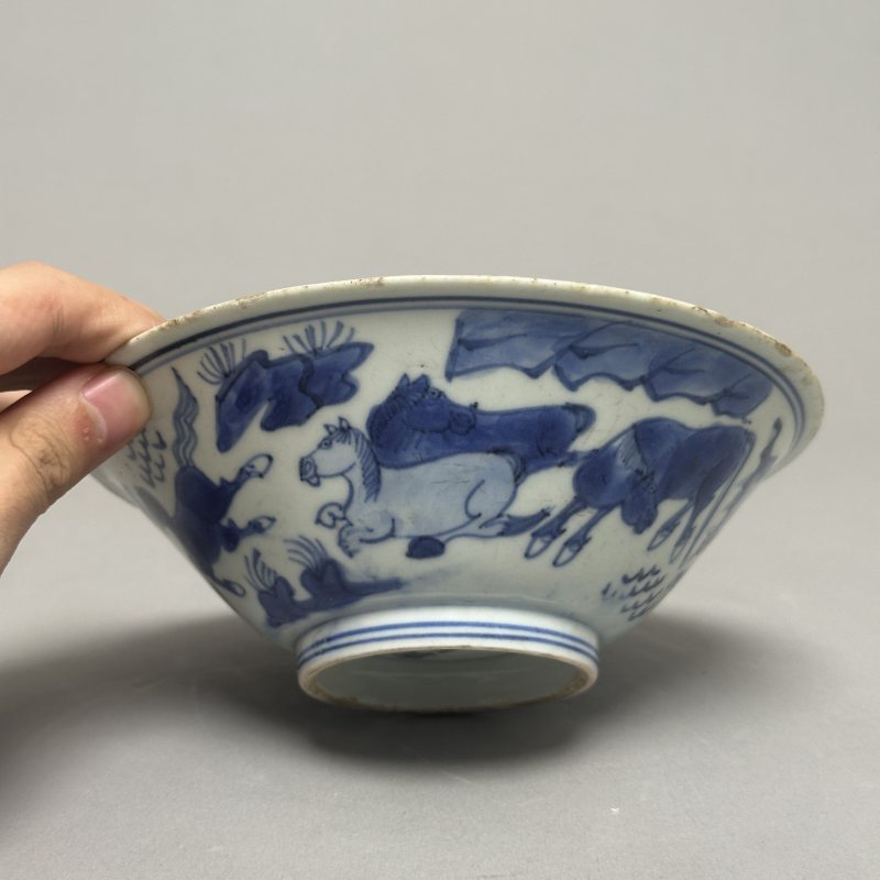 清康熙 青花八骏图纹斗笠碗 - 图2