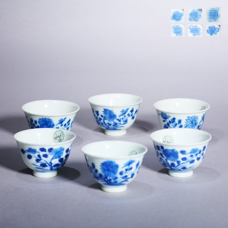 清中期 青花花卉纹杯一组6件 - 图1