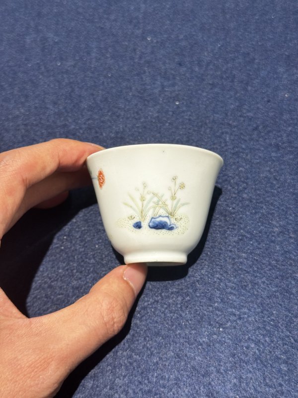 清道光 青花五彩水仙花神杯（一对） - 图5
