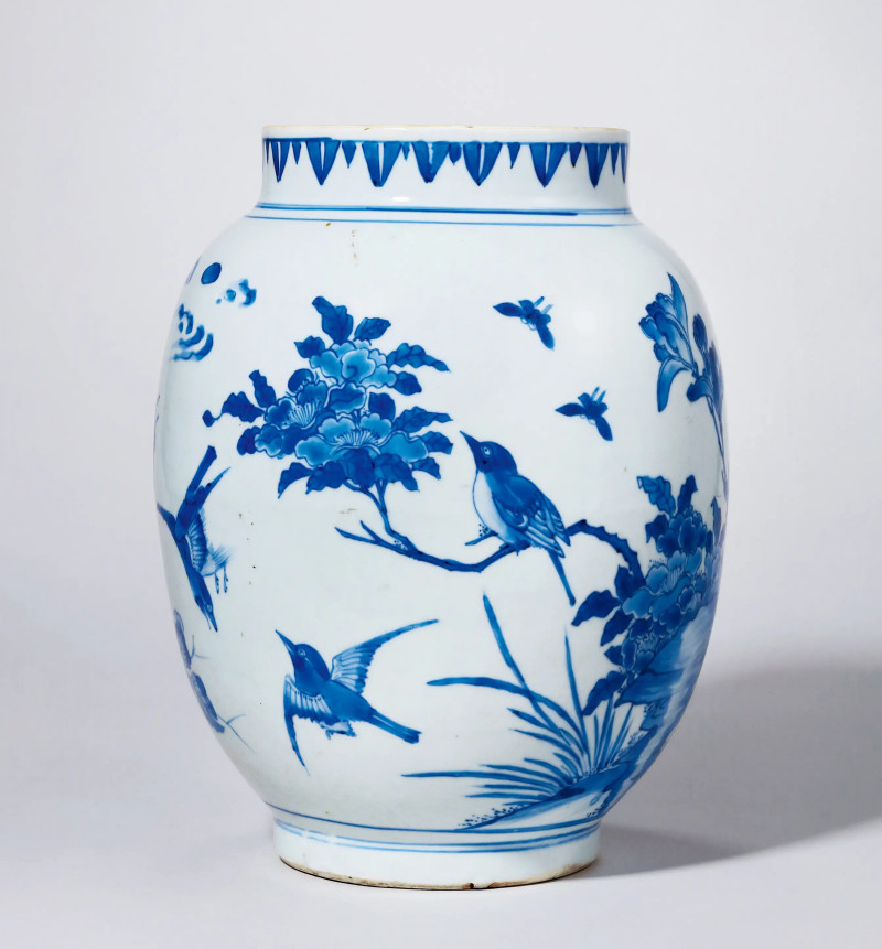 明崇祯 青花花鸟纹大莲子罐 - 图1