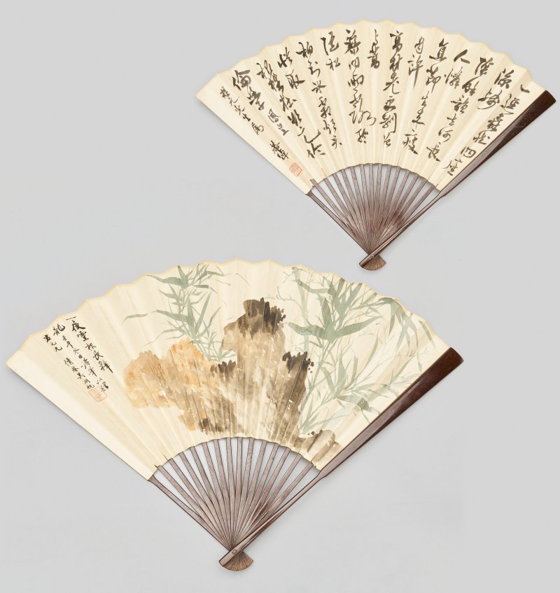 吳湖帆、葉公綽 竹•行書 設色及水墨紙本 成扇 一九四二年作 | WU HUFAN (1894-1968) AND YE GONGCHUO (1881-1968)