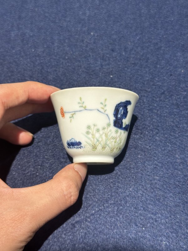 清道光 青花五彩水仙花神杯（一对） - 图11