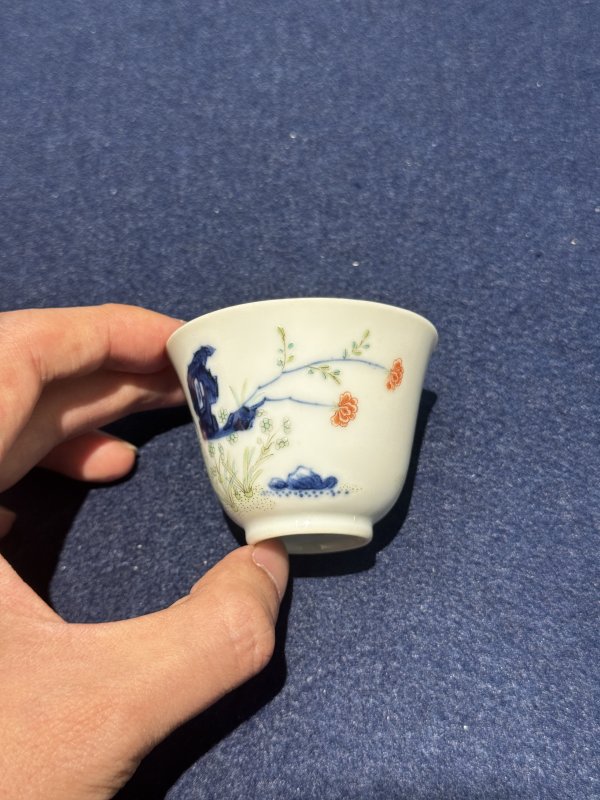 清道光 青花五彩水仙花神杯（一对） - 图13