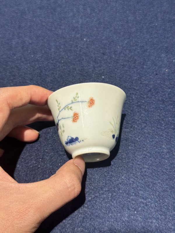 清道光 青花五彩水仙花神杯（一对） - 图14