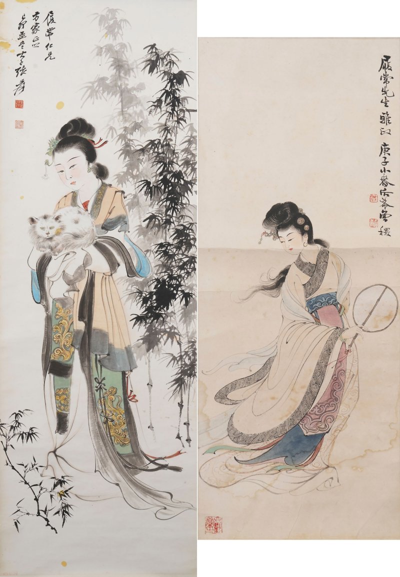 張大千、曾后希 抱貓侍女、嫦娥 設色紙本 軟片及鏡心 一九三九年及一九六零年作 | ZHANG DAQIAN (1899-1983) AND ZENG HOUXI (1916-1999)