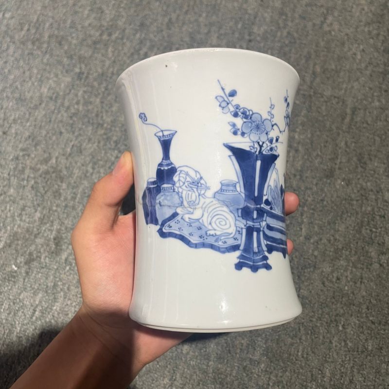 清康熙 青花博古纹笔筒 - 图11