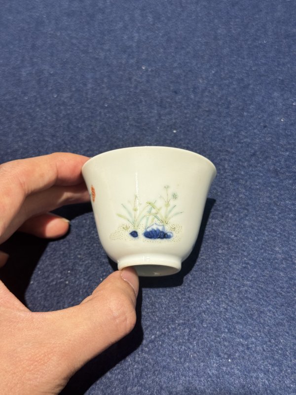 清道光 青花五彩水仙花神杯（一对） - 图15