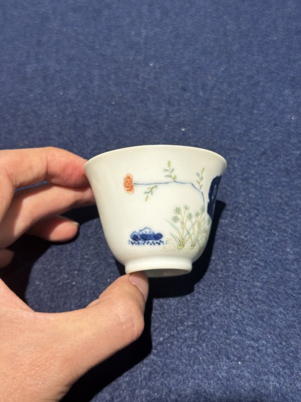 清道光 青花五彩水仙花神杯（一对） - 图16