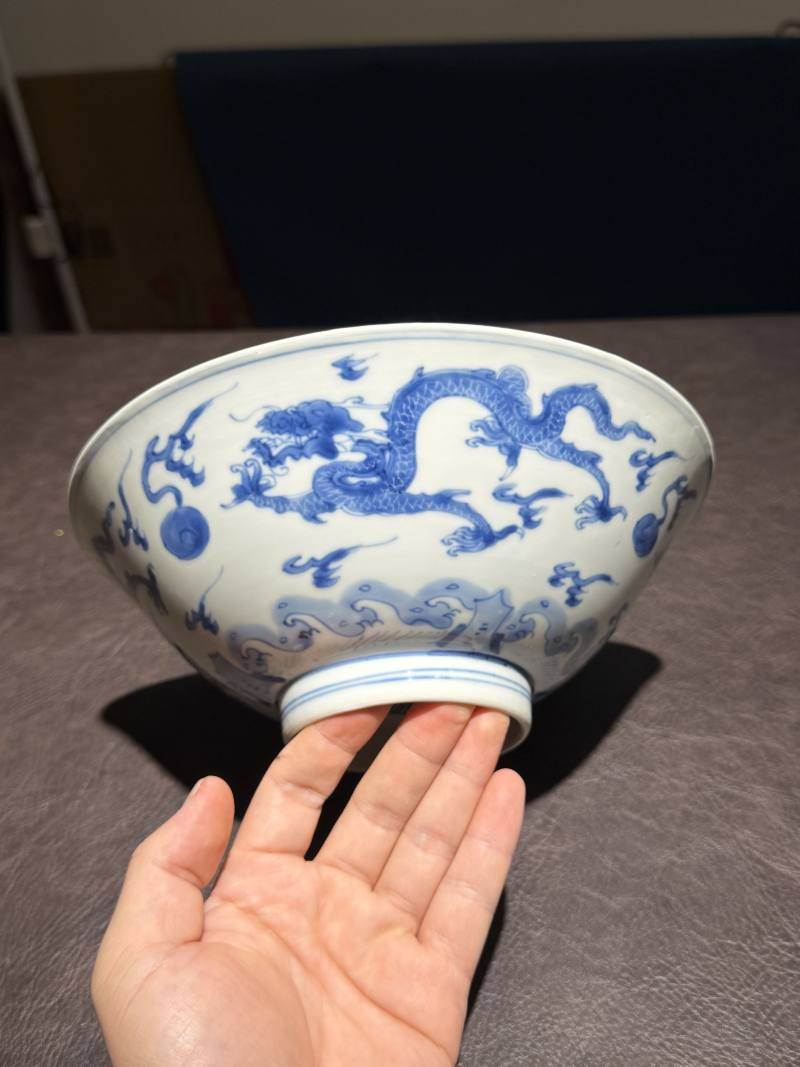 清康熙 青花海水龙纹碗 - 图2