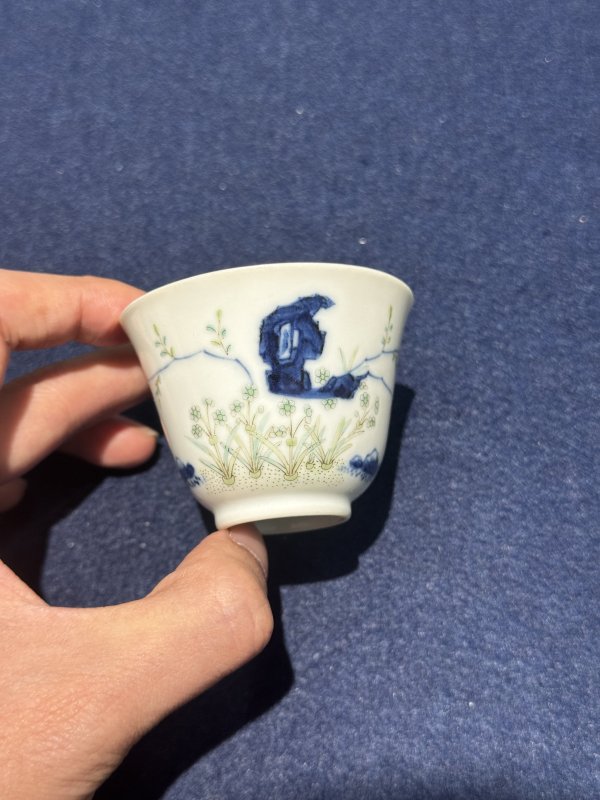 清道光 青花五彩水仙花神杯（一对） - 图17