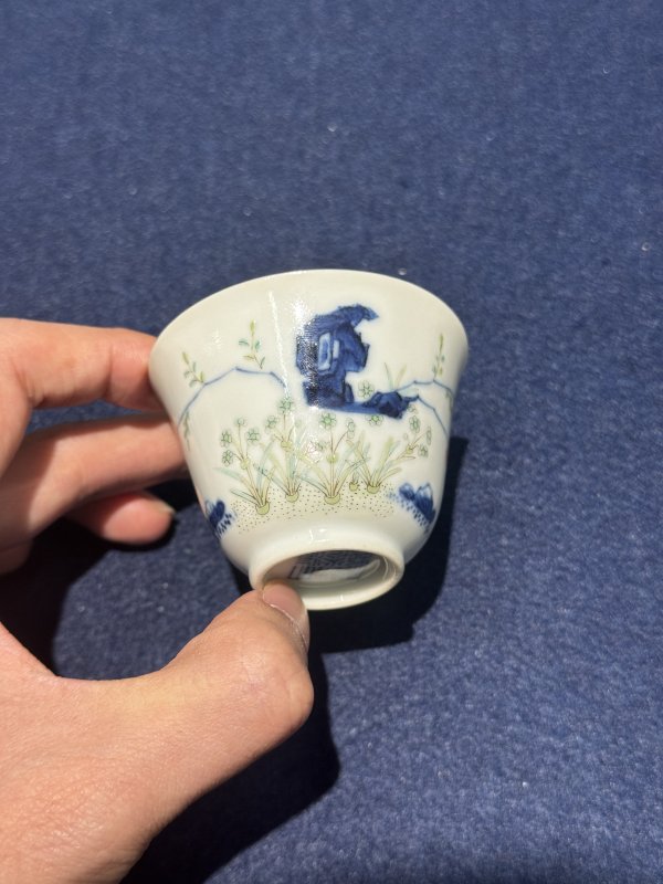 清道光 青花五彩水仙花神杯（一对） - 图18
