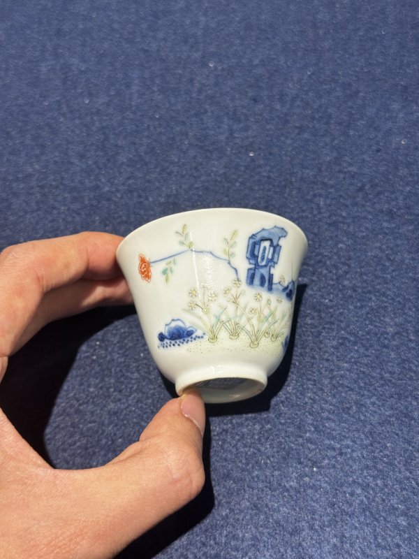 清道光 青花五彩水仙花神杯（一对） - 图6