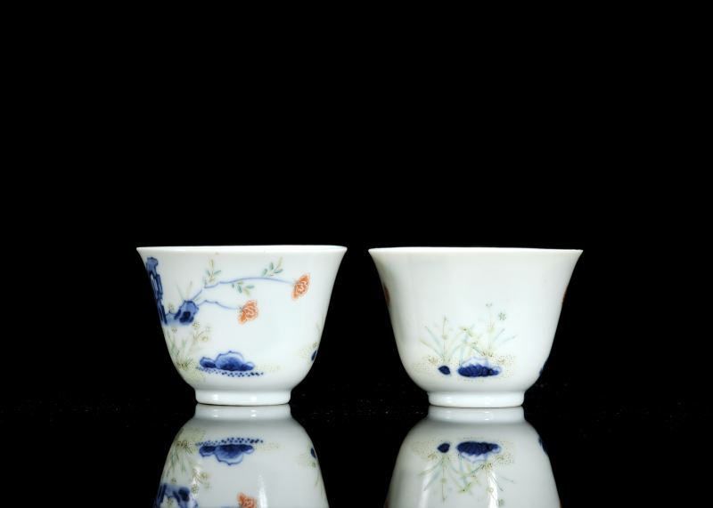 清道光 青花五彩水仙花神杯（一对） - 图21