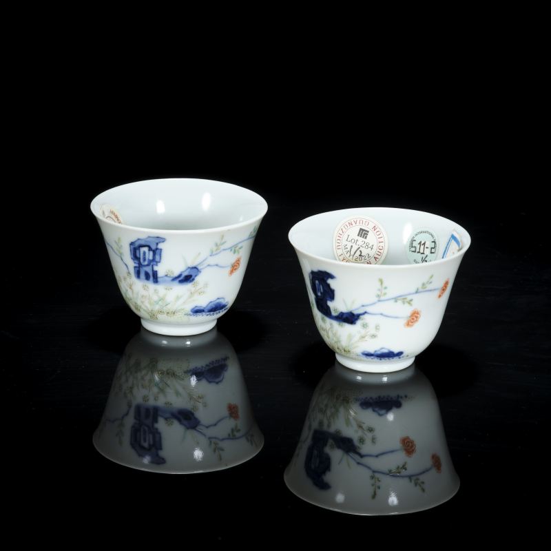 清道光 青花五彩水仙花神杯（一对） - 图22