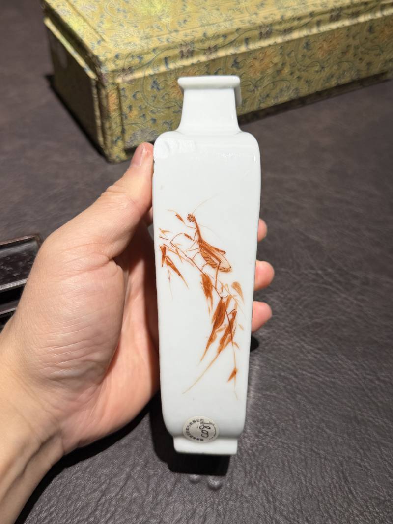 民国 矾红彩山水草虫纹方瓶 - 图6