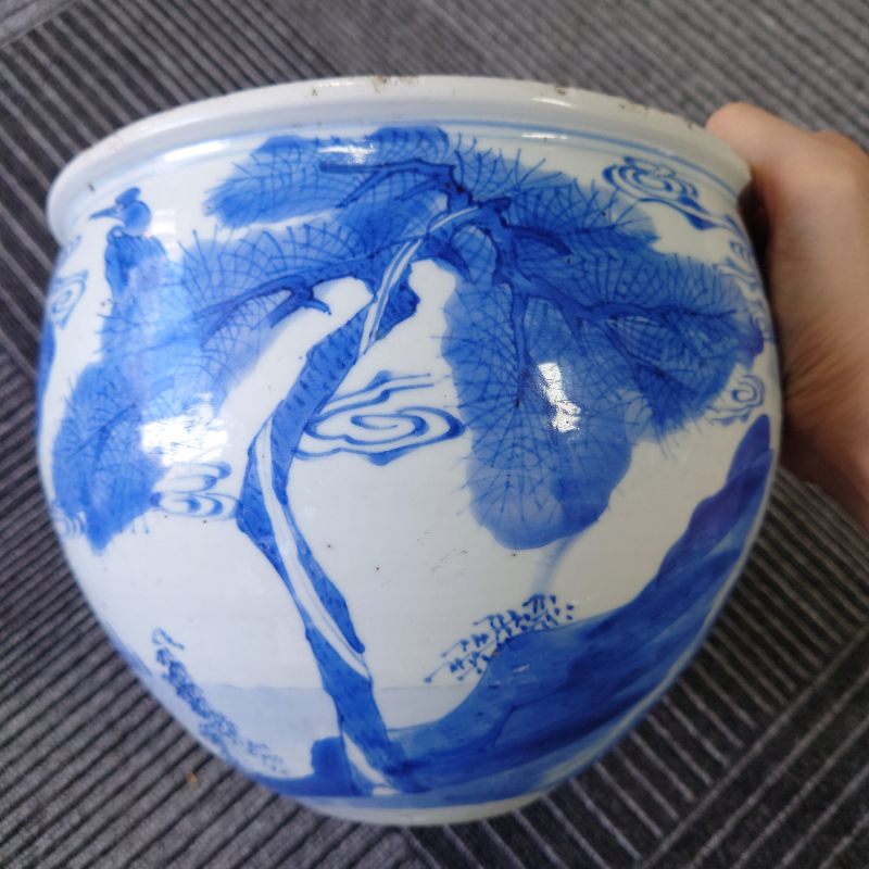 清康熙 青花鹤鹿同春卷缸 - 图8