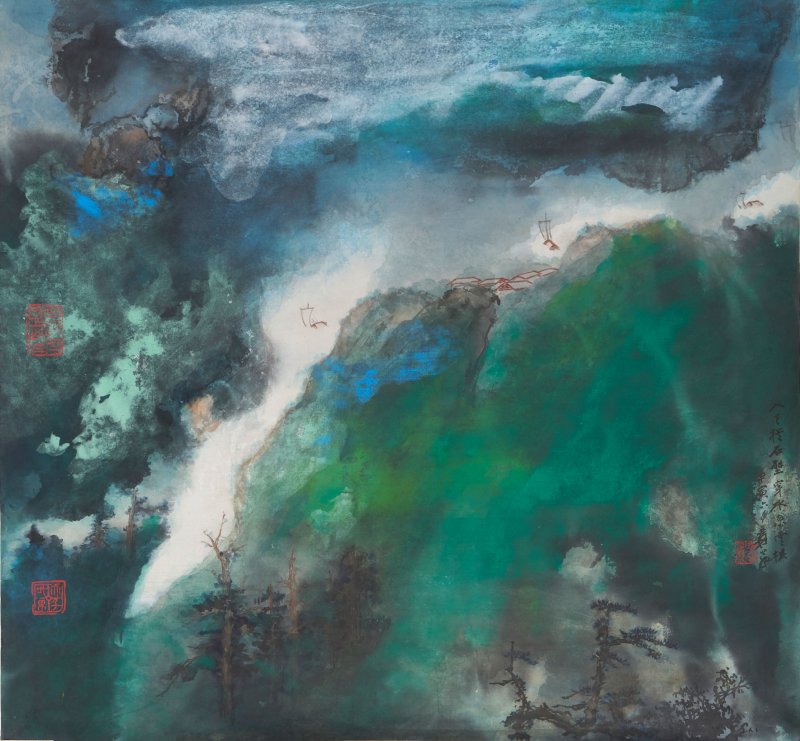 張大千 潑彩山水 設色紙本 軟片 一九七四年作 | ZHANG DAQIAN (1899-1983)
