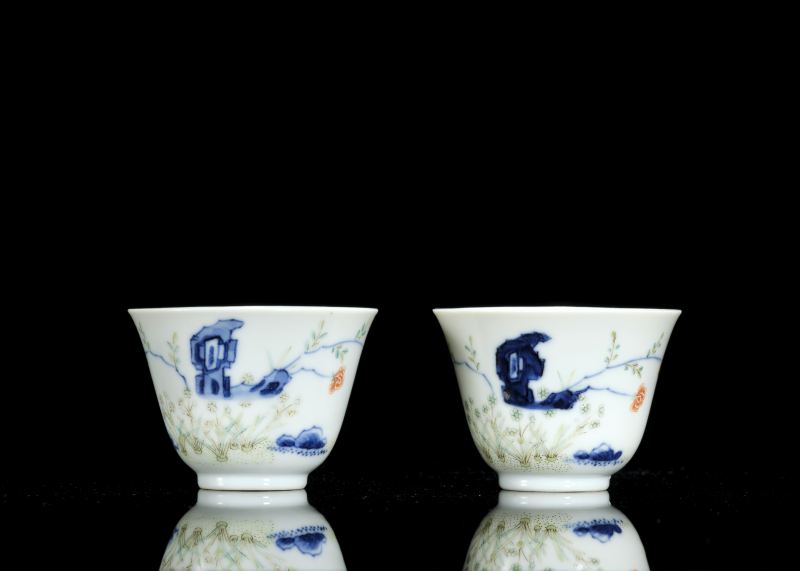 清道光 青花五彩水仙花神杯（一对） - 图1