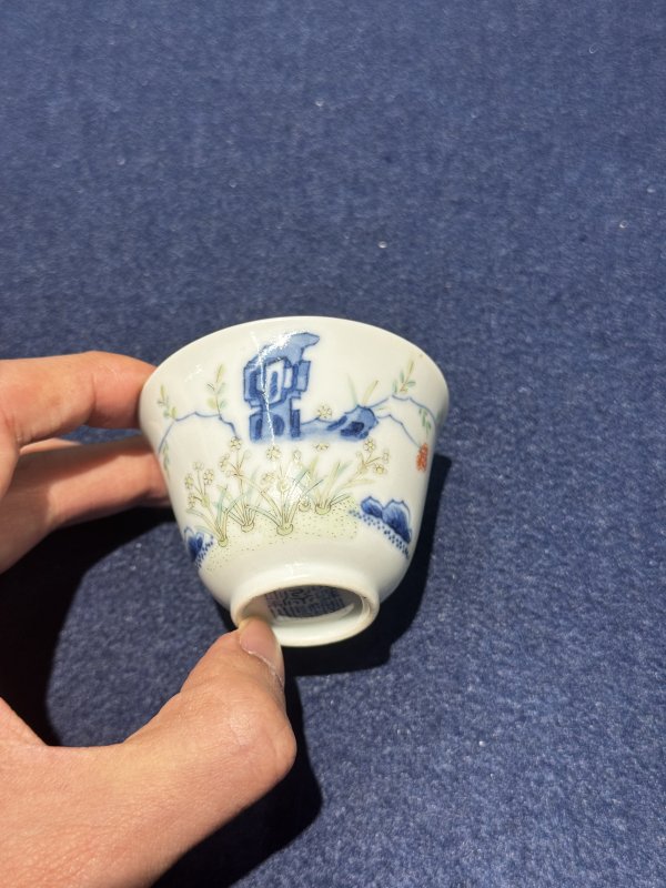 清道光 青花五彩水仙花神杯（一对） - 图7