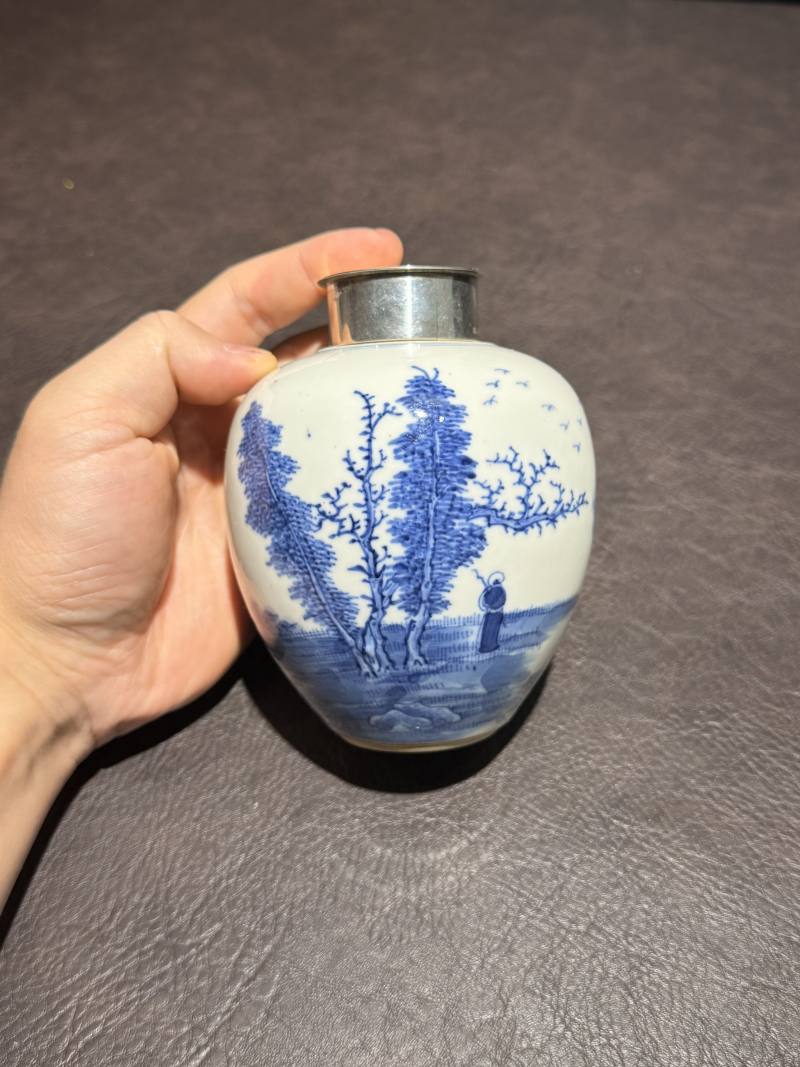 清 青花山水纹罐 - 图2