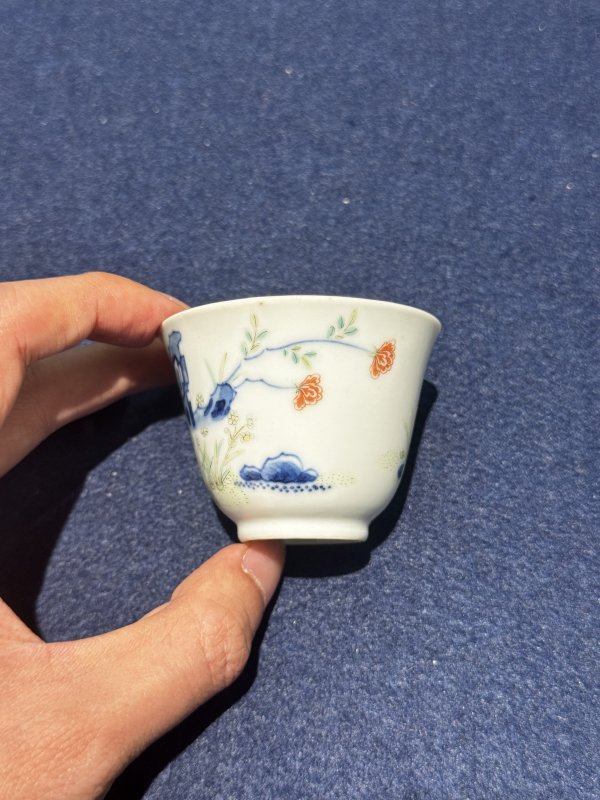 清道光 青花五彩水仙花神杯（一对） - 图3