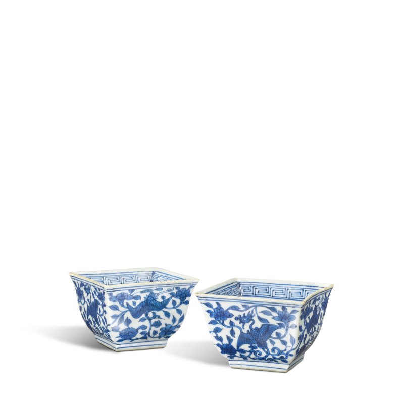 A pair of blue and white 'phoenix' square bowls, Marks and period of Jiajing | 明嘉靖　青花穿花鳳凰紋方盌一對　《大明嘉靖年製》款