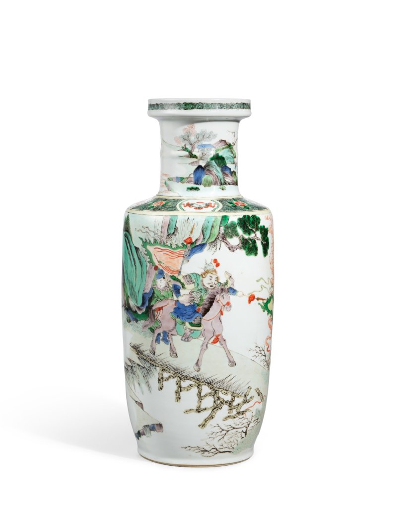 A fine famille-verte 'generals' rouleau vase, Qing dynasty, Kangxi period | 清康熙　五彩人物故事圖棒槌瓶