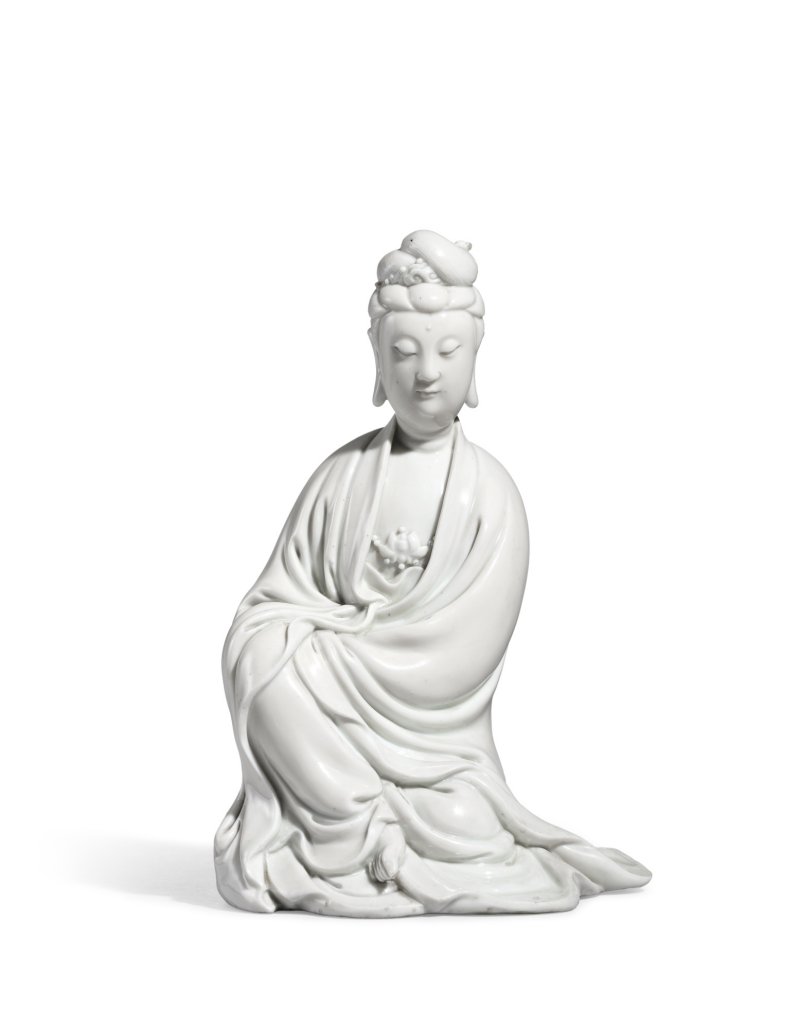 A Dehua figure of seated Guanyin, He Chaozong mark, 17th – 18th century | 十七至十八世紀　德化白瓷觀音坐像　《何朝宗印》款
