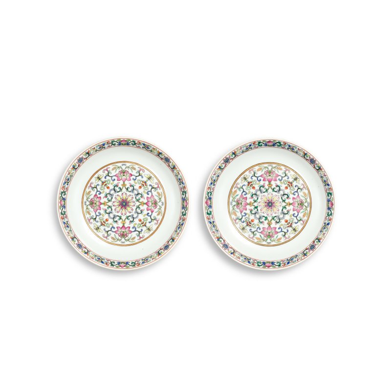 A pair of famille rose pink-ground 'lotus and lanterns’ dishes, Seal marks and period of Daoguang | 清道光　粉紅地粉彩纏枝蓮盤一對　《大清道光年製》款