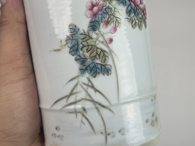 解放后 浅降彩花鸟诗文笔筒 - 图4