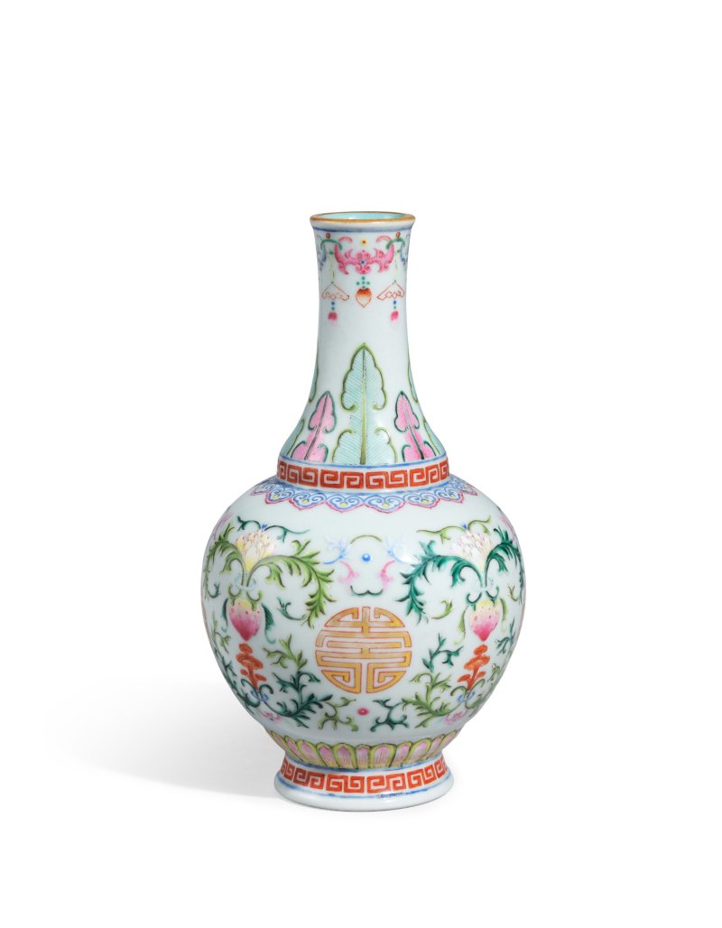 A fine and small famille-rose and gilt-decorated ‘longevity’ bottle vase, Seal mark and period of Qianlong | 清乾隆　粉彩描金福壽延年長頸瓶　《大清乾隆年製》款