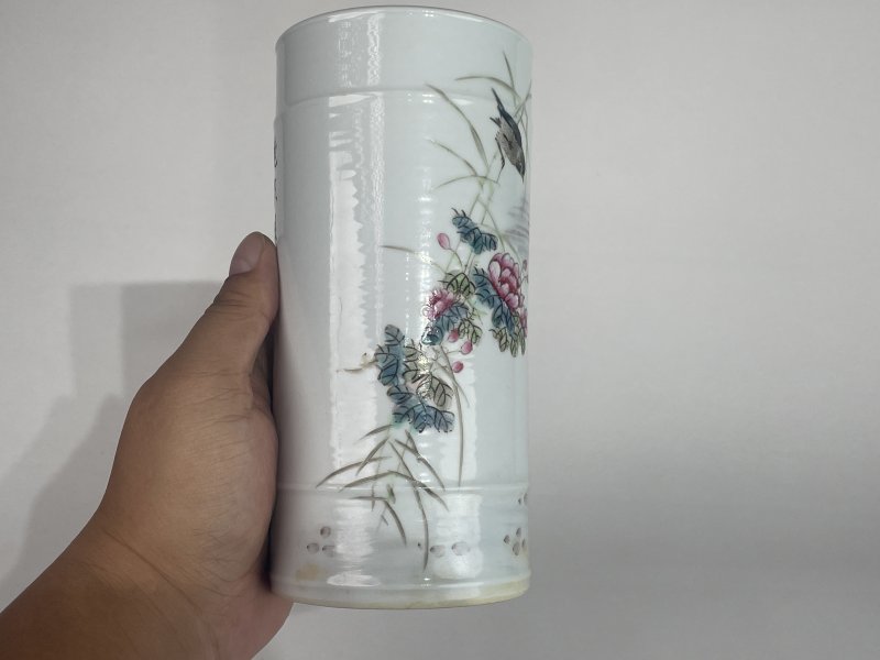解放后 浅降彩花鸟诗文笔筒 - 图6