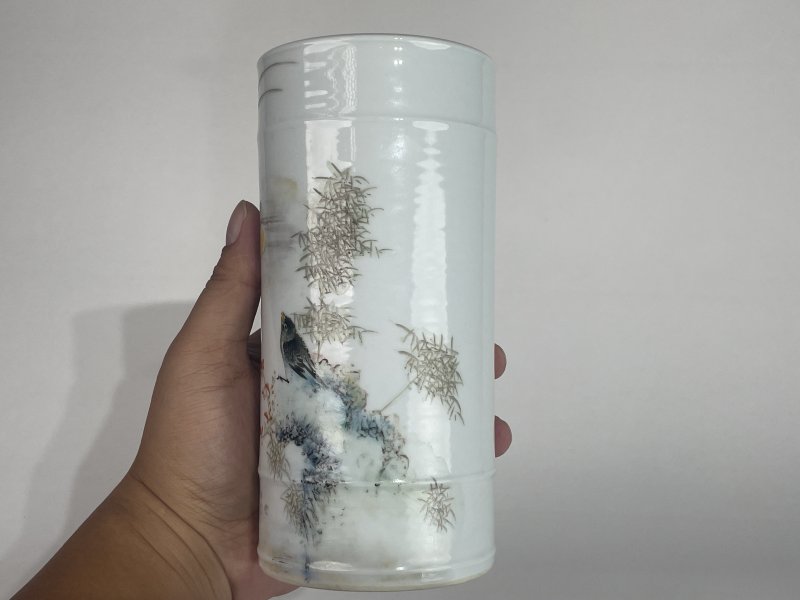 解放后 浅降彩花鸟诗文笔筒 - 图7