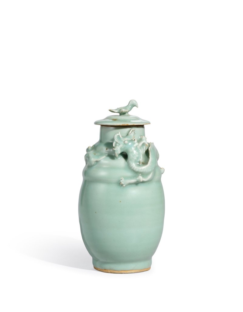 A Longquan celadon 'dragon' jar and cover, Song - Yuan dynasty | 宋至元 龍泉青釉龍紋蓋罐