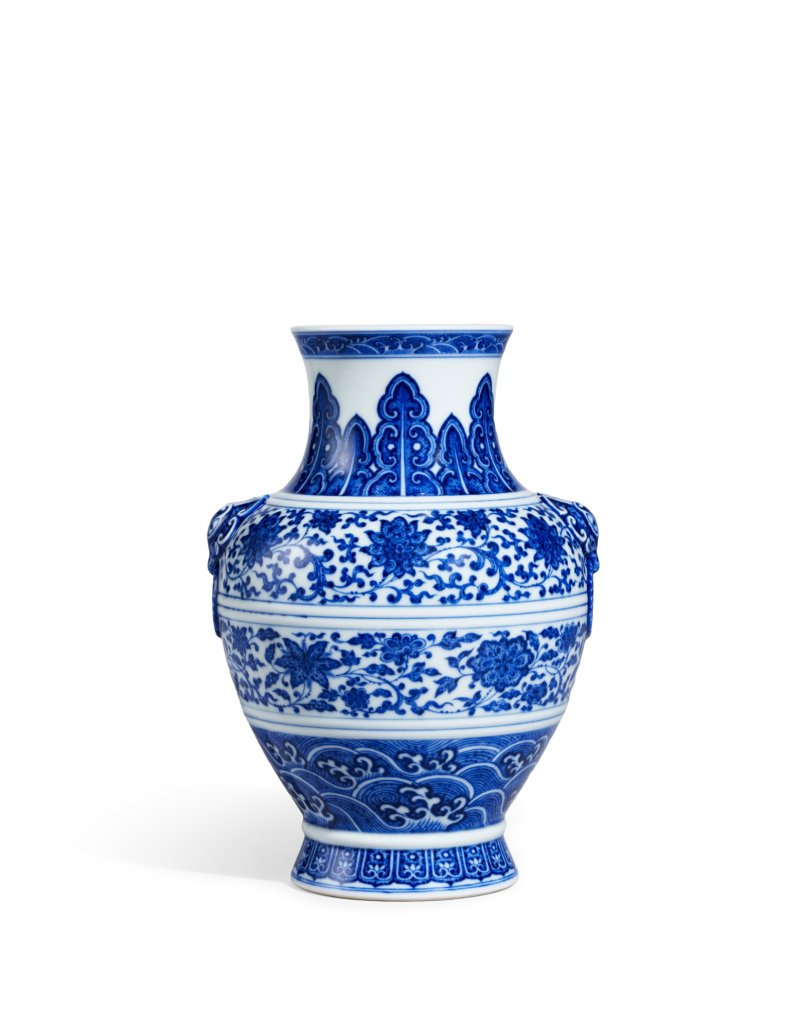 A fine blue and white Ming-style 'floral' vase, hu, Seal mark and period of Qianlong | 清乾隆　青花纏枝花卉紋鋪首耳壺　《大清乾隆年製》款