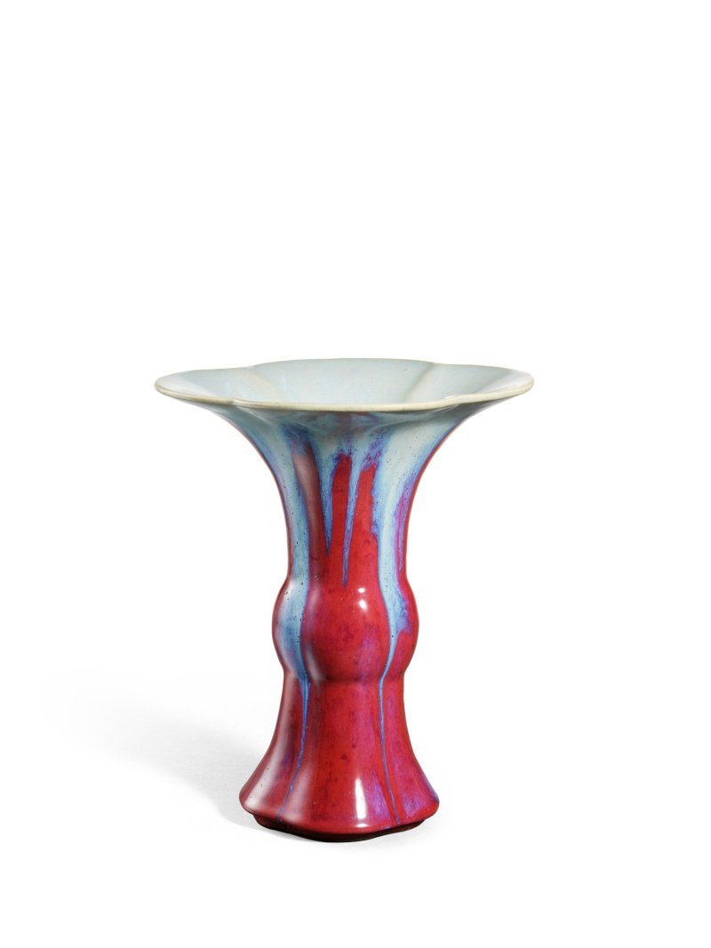 A flambé-glazed quatrefoil vase, gu, Seal mark and period of Qianlong | 清乾隆　窰變釉海棠式花觚　《大清乾隆年製》款
