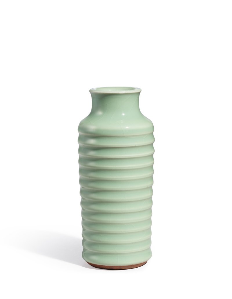 A fine and rare Longquan-imitation celadon-glazed ribbed vase, Seal mark and period of Yongzheng | 清雍正　仿龍泉釉弦紋瓶　《大清雍正年製》款